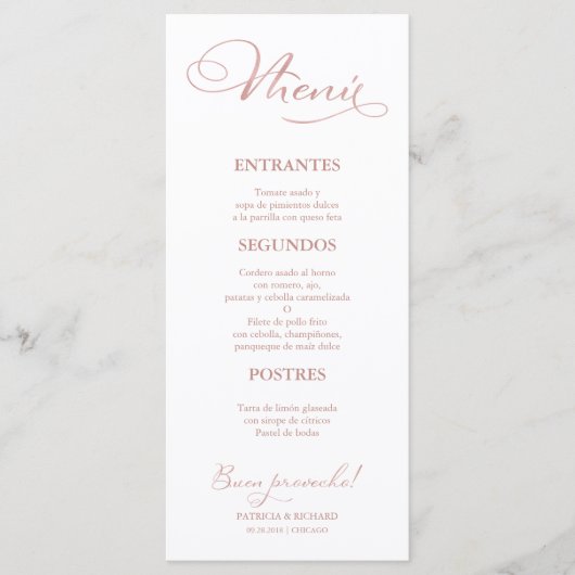 Menu de mariage en or rose, texte espagnol (Devant)
