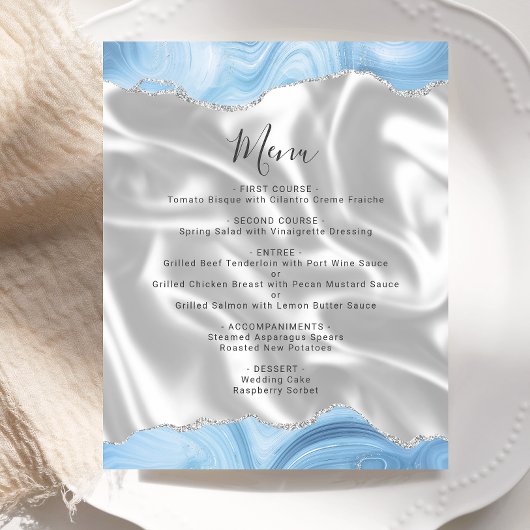 Menu de mariage en soie bleu bébé argenté agate Bu