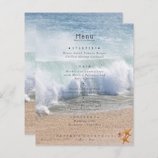 Menu de mariage estival tropical sur une belle pla (Devant / Derrière)