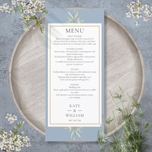 Menu de mariage et dîner à l'aquarelle bleu poussi