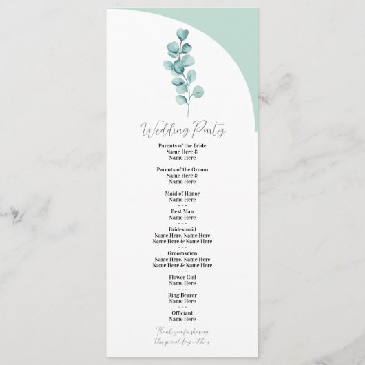 Menu de mariage eucalyptus Cérémonie Feuilles Vert (Dos)