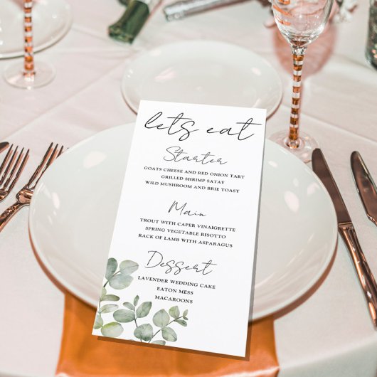 Menu de mariage eucalyptus vert sauge rustique