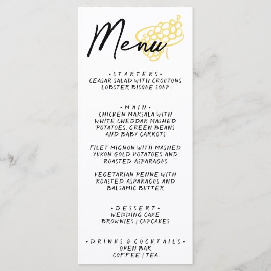 Menu de mariage fantaisiste jaune blanc dessiné à (Devant)