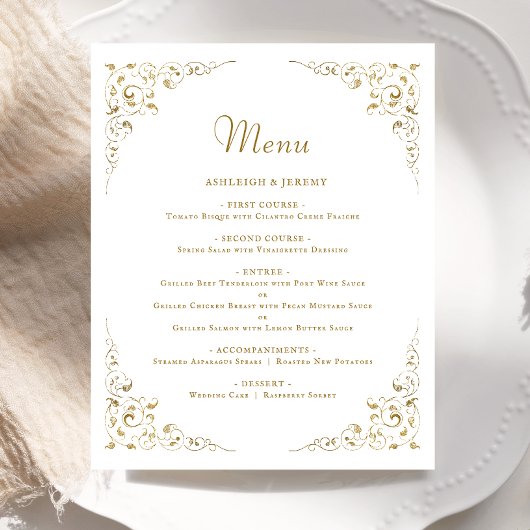 Menu de mariage feuillage de script Budget Gold