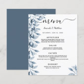 Menu de mariage fleurs botaniques bleues blanches (Devant / Derrière)