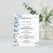 Menu de mariage fleurs botaniques bleues blanches (Debout devant)