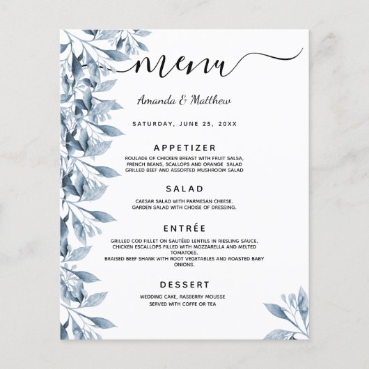 Menu de mariage fleurs botaniques bleues blanches (Devant)
