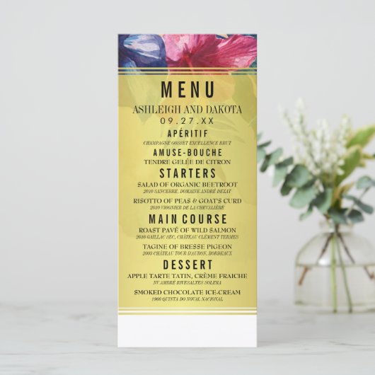 Menu de mariage | Fleurs d'aquarelle tropicale (Debout devant)