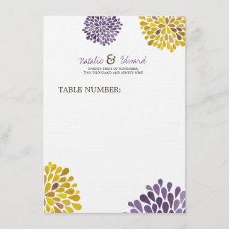 Menu de mariage fleurs de dahlia violettes et jaun