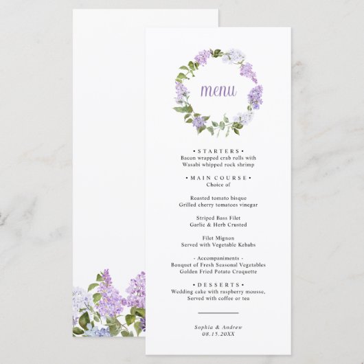 Menu de mariage Fleurs de Lilas Rustiques (Devant / Derrière)