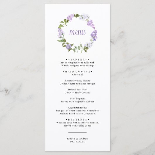 Menu de mariage Fleurs de Lilas Rustiques (Devant)