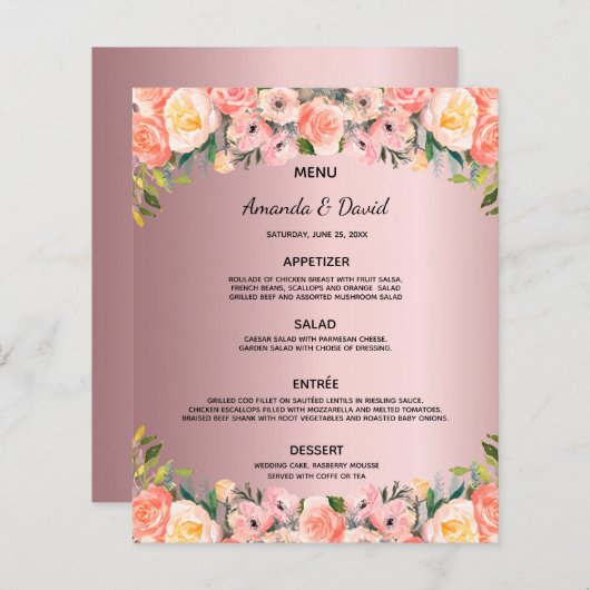 Menu de mariage fleurs rose poudré rose poussiéreu (Devant / Derrière)