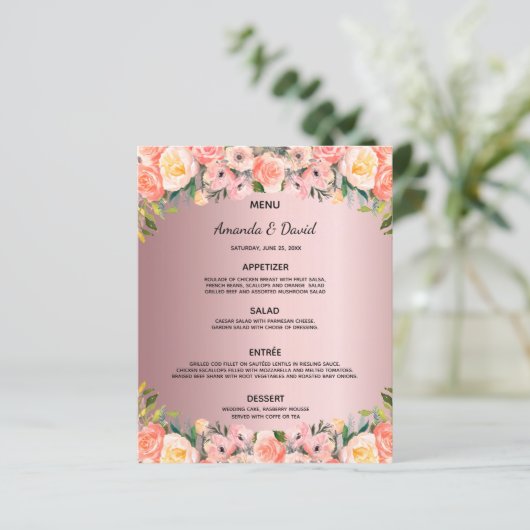 Menu de mariage fleurs rose poudré rose poussiéreu (Debout devant)