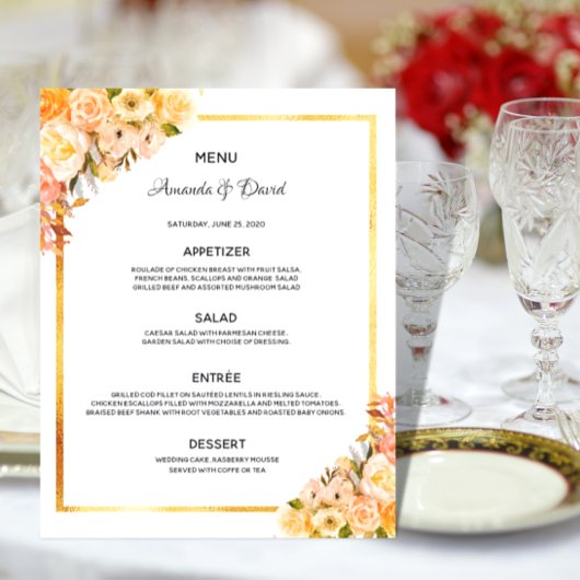 Menu de mariage fleurs roses élégantes élégantes d