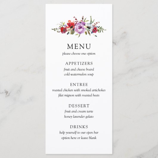 Menu de mariage Fleurs sauvages & Romance (Devant)