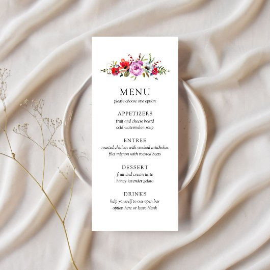 Menu de mariage Fleurs sauvages & Romance