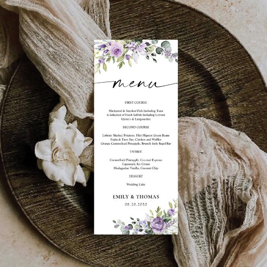 Menu de Mariage Fleurs Violettes Romantiques