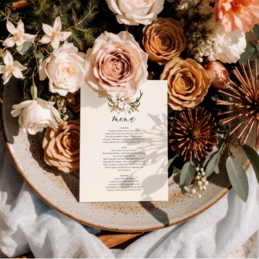 Menu de mariage floral à cornes rustique Boho Wood