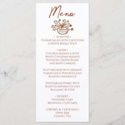 Menu de mariage floral à main levée Boho orange br (Devant)
