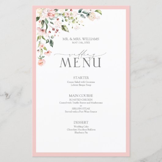 Menu de mariage floral aquarelle rose pêche élégan (Devant)