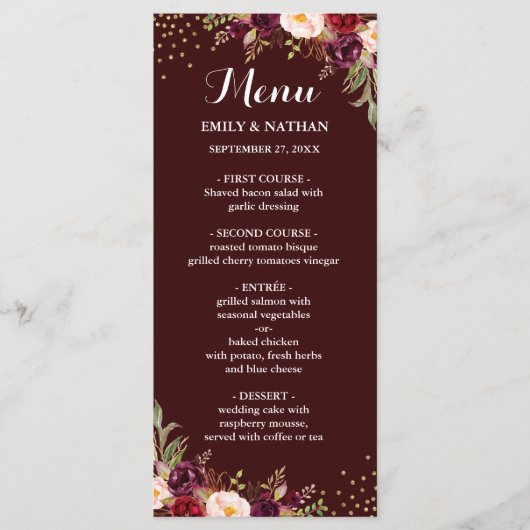 Menu de mariage floral avec confettis dorés de Bou (Devant)