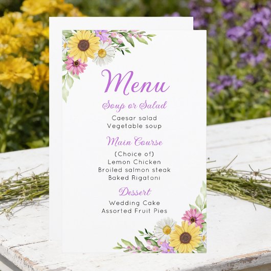 Menu de mariage floral avec tournesol et marguerit
