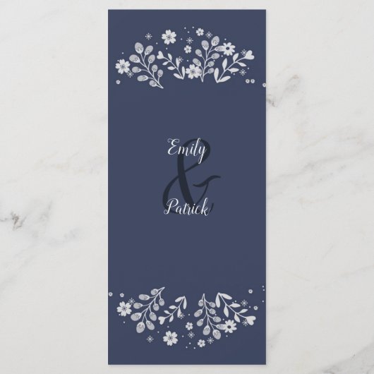 Menu de mariage floral blanc sur fond bleu (Dos)