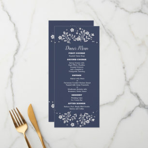 Menu de mariage floral blanc sur fond bleu