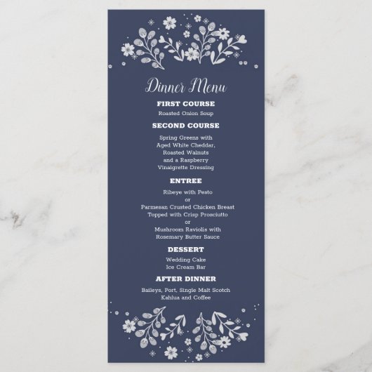 Menu de mariage floral blanc sur fond bleu (Devant)