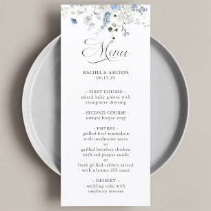 Menu de mariage floral bleu blanc vert romantique
