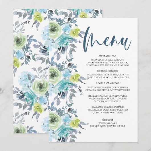 Menu de mariage floral bleu clair jaune vert (Devant / Derrière)