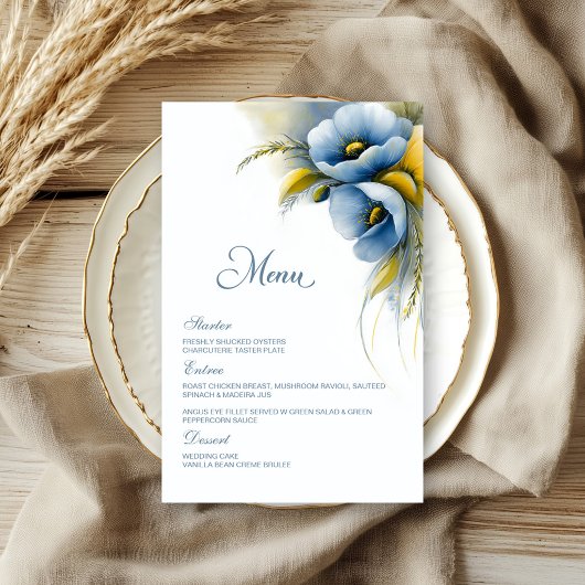 Menu de mariage floral bleu et jaune