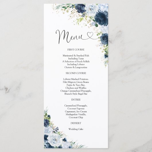 Menu de mariage floral bleu marine (Devant)