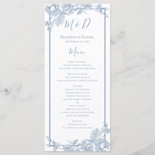 Menu de mariage floral bleu poussiéreux (Devant)