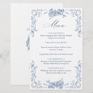Menu de mariage floral bleu poussiéreux orné de la