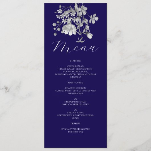 Menu de mariage floral bleu royal (Devant)