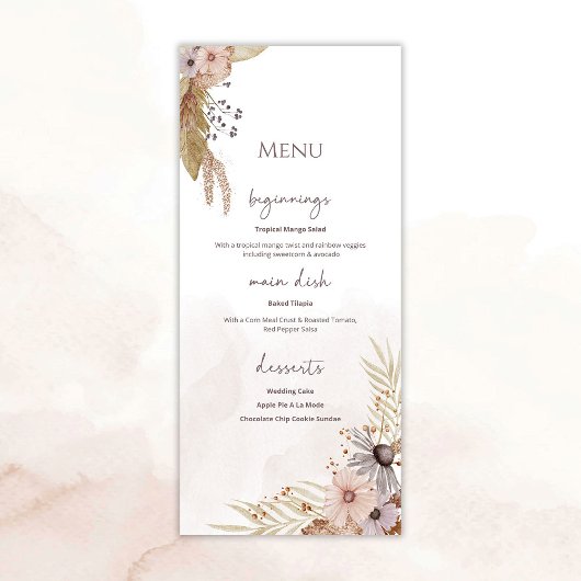 Menu de mariage floral bohème