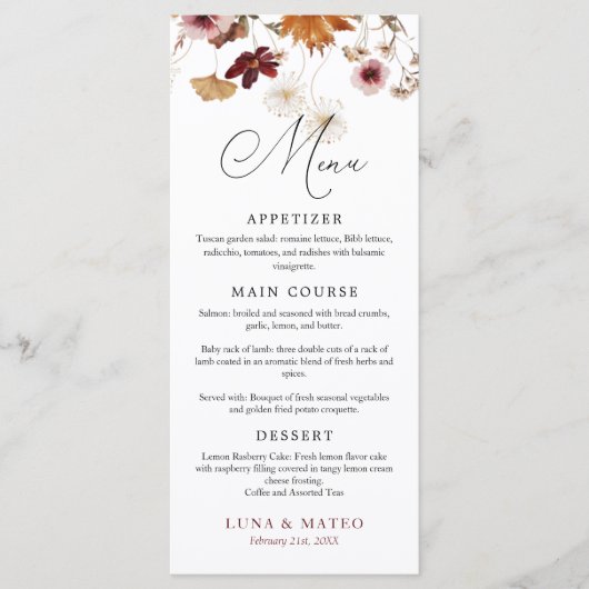Menu de mariage floral boho automnal de Bourgogne (Devant)