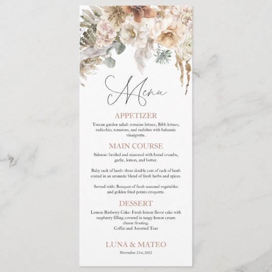 Menu de mariage floral Boho Terracotta (Devant)
