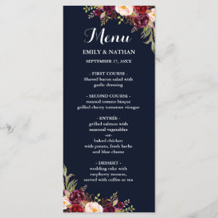 Menu de mariage floral Bourgogne Navy