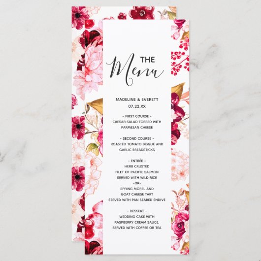 Menu de mariage floral chic bordeaux et rose blush (Devant / Derrière)
