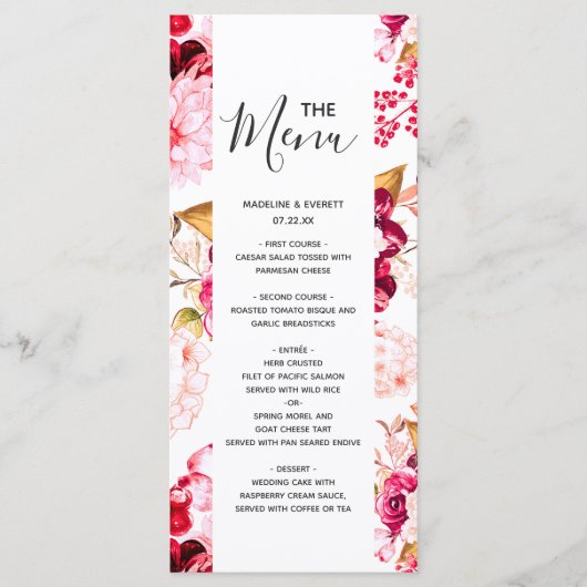 Menu de mariage floral chic bordeaux et rose blush (Devant)