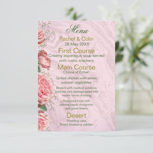 Menu de mariage floral classique aux tons roses et (Debout devant)