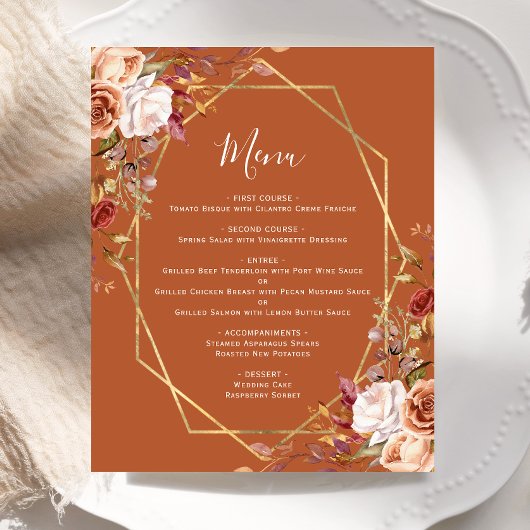 Menu de mariage floral d'automne orange brûlé à bu