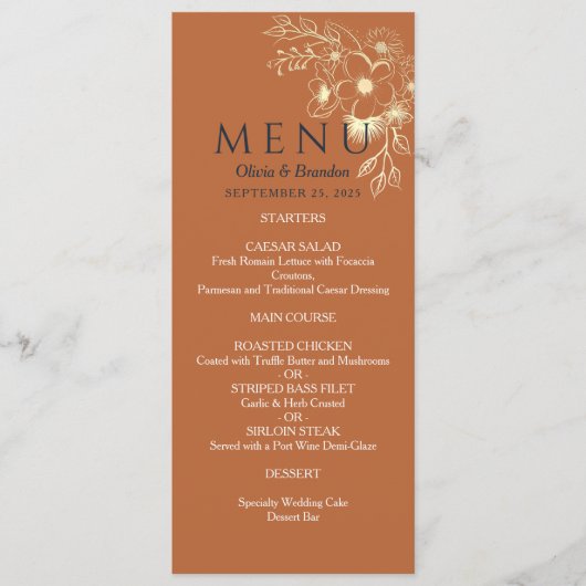 Menu de mariage floral doré en or (Devant)