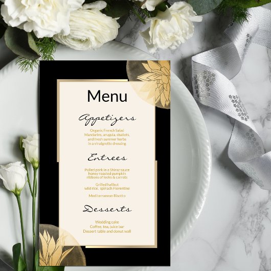 Menu de mariage floral doré moderne sur fond noir