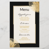 Menu de mariage floral doré moderne sur fond noir (Devant)