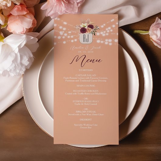 Menu de mariage floral en pot Mason