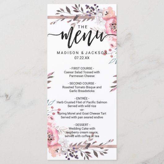 Menu de Mariage floral encadré d'or blanc et Rose (Devant)