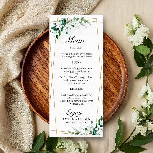 Menu de mariage floral géométrique et verdure